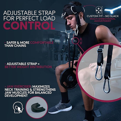 ALKYRIA Neck Harness Weight Lifting Trainer - Adjustable Neck Exerciser & Strengthener for Gym, Boxing, and Home Training - Padded Head Harness with Bonus Jaw Exerciser & Mesh Bag