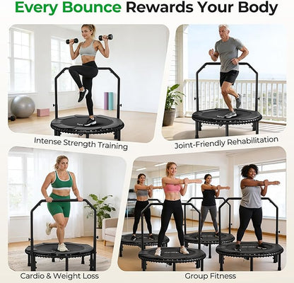 BCAN BT2 450/550LBS Mini Rebounder Trampoline for Adults with Bar, Fitness Trampoline with Bungees, Adjustable Handle, Stable & Quiet, Indoor Outdoor, Whole-Body Workout & Relaxation at Home-40IN/48IN