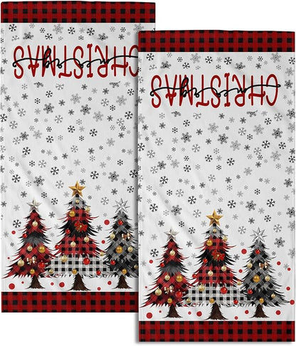 Merry Christma Hand Towels Set of 2 Xmas Trees Snowflake Decorative Towel Winter Red Buffalo Plaid Thin Bath Kitchen Tea Dish Holiday Washcloths for Bathroom Spa Gym