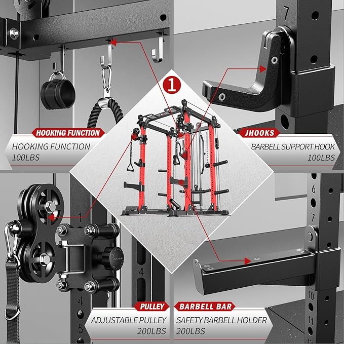 Power Cage Multi-Function Power Rack with Cable Crossover System,1800 LBS Capacity Squat Rack with Weight Bench,for Home Gym