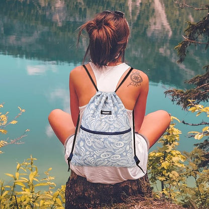 WANDF Drawstring Backpack String Bag Sackpack Cinch Water Resistant Nylon for Gym Shopping Sport Yoga (Light Blue Leaf with zipper)