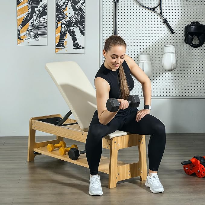 Soozier Adjustable Weight Bench with Dumbbell Rack, Wooden Workout Bench, Flat or Incline Bench for Home Gym Weight Lifting Training