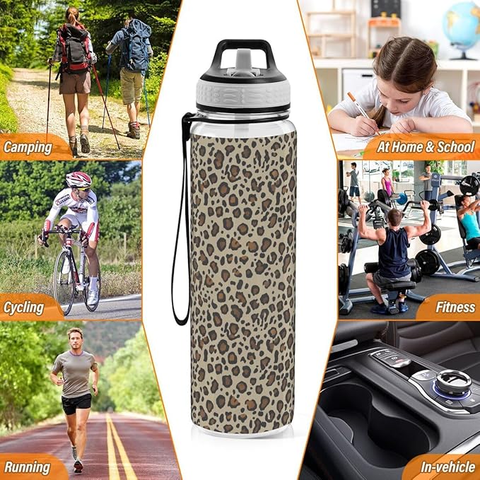 ALAZA Cheetah Leopard Print Animal Skin Sports Water Bottle with Straw Tritan Drink Bottle 32 oz BPA Free Reusable for Travel Outdoor Fitness