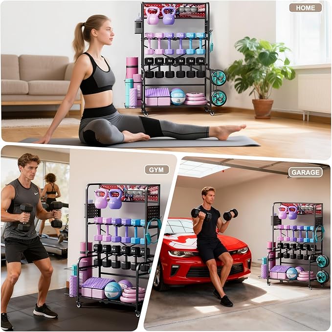 Home Gym Storage Rack with Wheels, Dual-Row & Heavy-Duty Dumbbell Rack and Yoga Mat Storage, Space-Saving Vertical Gym Equipment Storage Stand for Home Gym Accessories