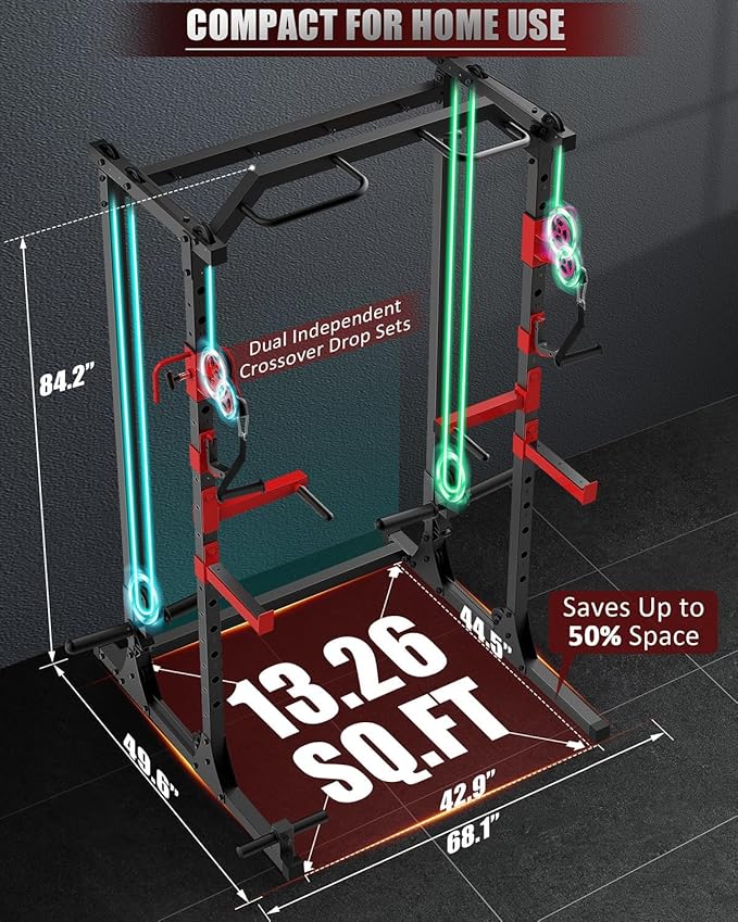 OPPSDECOR 2.0 PRO Power Cage Home Gym - 2000LBS Heavy Duty Power Rack with Independent Dual Pulley Cable Crossover System, Safety Bar, J-Hook, Pull-up Bar, Dip Station - 13.26 ft² Compact Squat Rack