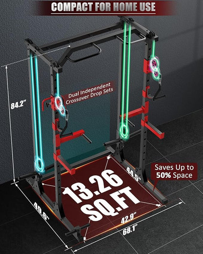 OPPSDECOR 2.0 PRO Power Cage Home Gym - 2000LBS Heavy Duty Power Rack with Independent Dual Pulley Cable Crossover System, Safety Bar, J-Hook, Pull-up Bar, Dip Station - 13.26 ft² Compact Squat Rack