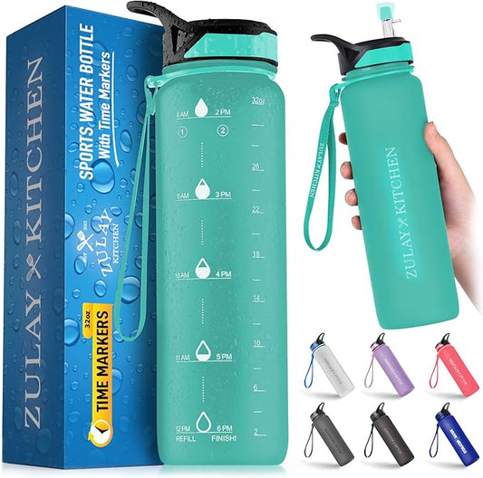 Hydration Nation (32oz Water Bottle With Time Marker - Leak Proof Water Bottles With Times To Drink For Fitness & Sports - 32oz Water Bottle With Straw For Drinking - Water Tracker Bottles (Mint)