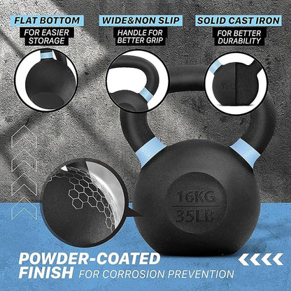 Yes4All Powder Coated Kettlebell, Cast Iron Core Kettlebells with Non-Slip Handle & Flat Bottom for Conditioning, Heavy Duty for Strength Training, 9lb to 71lb - Single & Pair