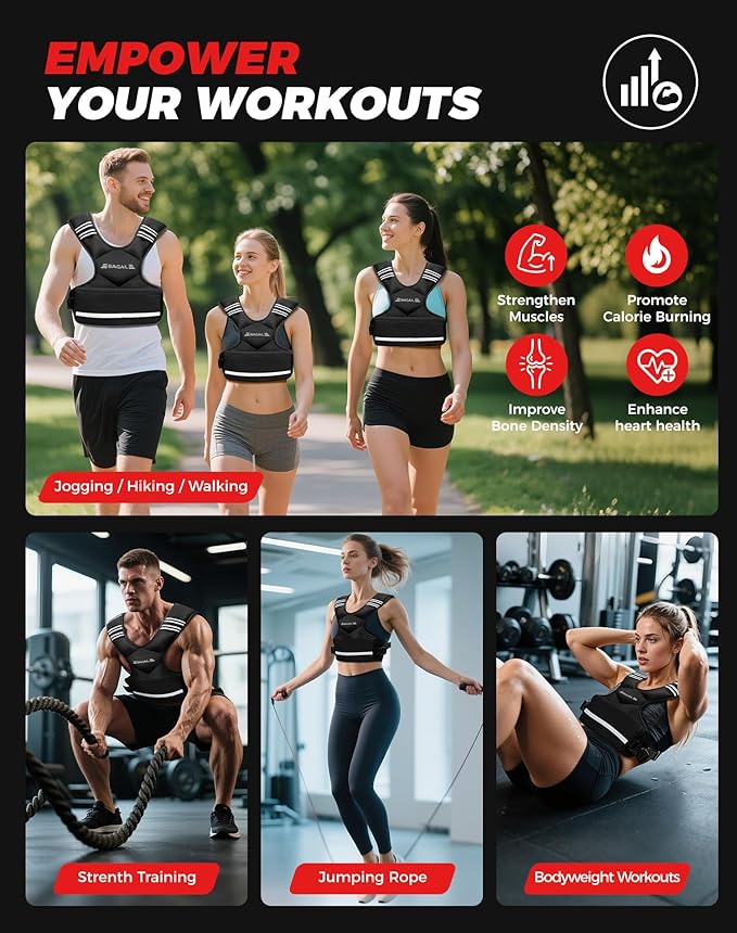 BAGAIL Adjustable Weighted Vest 4-10lb/12-18lb/20-32lb, Comfortable X-Shape & U-Neck Weight Vest for Women and Men Walking with 6 Removable Weights, Large Pocket and Reflective Strips
