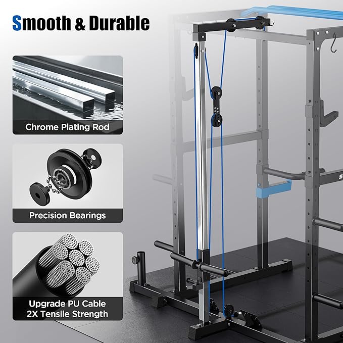 Sportsroyals Squat Rack, LAT Power Cage, Power Rack Multi-Function with Pulley System and Training Attachments for Home Gym