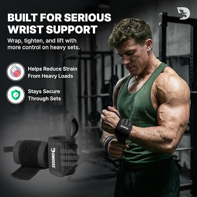 DMoose Fitness Wrist Wraps for Weightlifting 18" - Heavy Duty Gym Wrap with Hand Thumb Loop for Support & Pain Relief, USPA Approved Powerlifting, Weight Lifting Wrist Straps for Men & Women Work Out