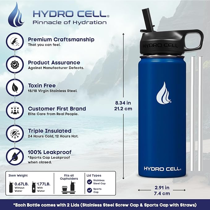HYDRO CELL Stainless Steel Insulated Water Bottle with Straw - For Cold & Hot Drinks - Metal Vacuum Flask with Screw Cap and Modern Leakproof Sport Thermos for Adults (Navy 18oz)