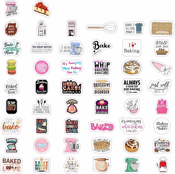 BulbaCraft 100Pcs Baking Stickers Funny, Bakery Stickers for Water Bottles - Baking Laptop Decals, Bakery Themed Party Decorations, Gifts for Women & Men