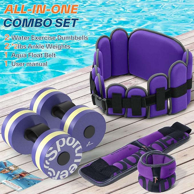 Sportneer Aquatic Exercise Equipment Water Aerobics Combo Set Includes High Density Water Weights Dumbbell Aqua Belt Water Ankle Weights for Pool Exercise Aquatic Therapy Pool Fitness Water Exercise