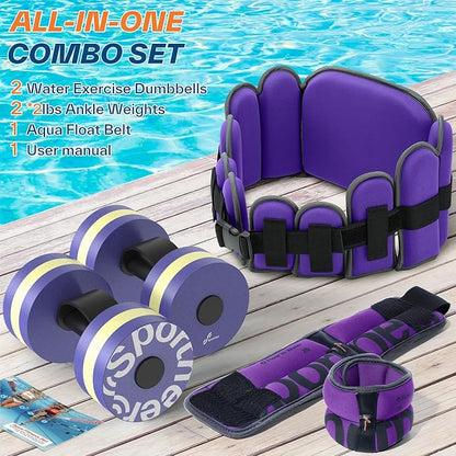 Sportneer Aquatic Exercise Equipment Water Aerobics Combo Set Includes High Density Water Weights Dumbbell Aqua Belt Water Ankle Weights for Pool Exercise Aquatic Therapy Pool Fitness Water Exercise