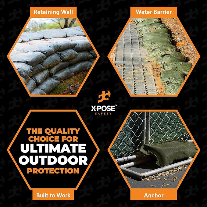 Xpose Safety Heavy Duty Sand Bags with Tie Strings – Empty Woven Polypropylene Sandbags for Hurricane Flood Protection, 50 lb Capacity, 14" x 26", Green, Pack of 500