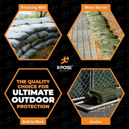 Xpose Safety Heavy Duty Sand Bags with Tie Strings – Empty Woven Polypropylene Sandbags for Hurricane Flood Protection, 50 lb Capacity, 14" x 26", Green, Bulk Half Pallet Pack of 7500