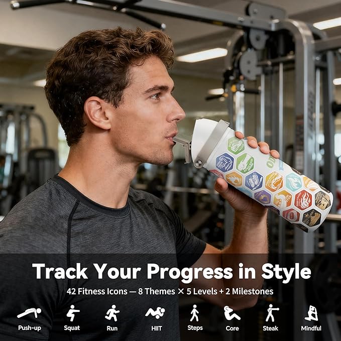 24 oz Motivational Insulated Stainless Steel Water Bottle for Sports, Gym & Travel, 2-in-1 Push-Button Spout & Quick-Flip Straw, Leak-Proof BPA-Free, Keeps Cold 30H, with DIY Fitness Stickers