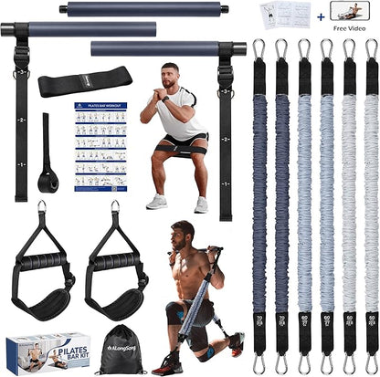 Upgraded Pilates Bar Kit with Resistance Bands Natural Latex for Women & Men, Heavy-Duty Stainless Steel Multifunctional Yoga Pilates Stick for Home Gym Exercise Fitness Equipment Full-Body Workouts