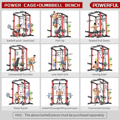 Power Cage Multi-Function Power Rack with Cable Crossover System,1800 LBS Capacity Squat Rack with Weight Bench,for Home Gym
