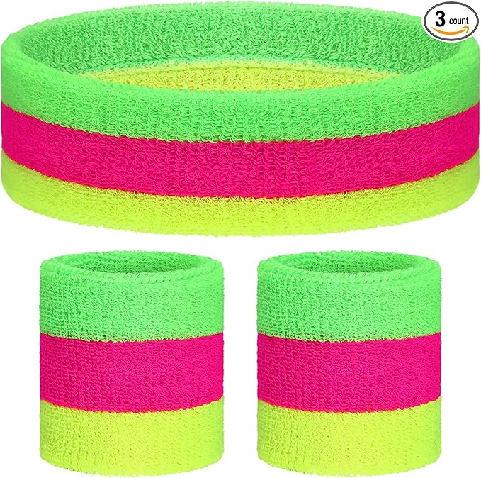 3 Pack Neon Sweatbands Set 80s Wristband and Headband Color War Accessories Sports Sweatbands for Summer Ball Party