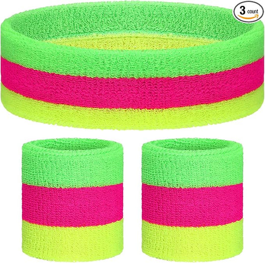 3 Pack Neon Sweatbands Set 80s Wristband and Headband Color War Accessories Sports Sweatbands for Summer Ball Party