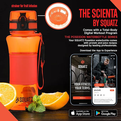 SQUATZ 24 Oz Poseidon Series Water Bottle for Protein and Fruit Shakes - Premium Quality Wide Mouth Gym Flask Fruit Infuser Strainer, Carrying Strap, Leak Resistance, No Condensation Sleeve,Orange