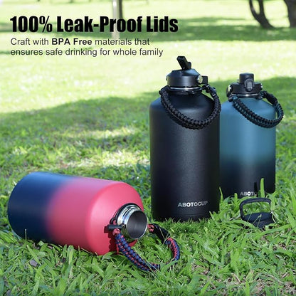 64oz Water Bottle with Powder Coated, Stainless Steel Insulated Water Bottle with Straw Lids&Paracord Handle, Half Gallon Water Bottle Double Wall Leak-proof BPA Free, Water Jug Keep Cold&Hot