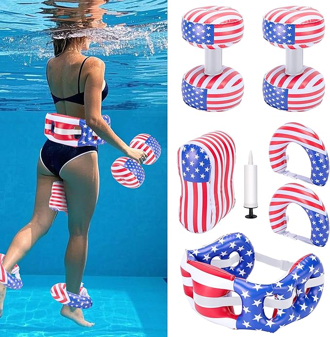 RunNico 7 Pcs PVC Water Workout Equipment, Aquatic Exercise Dumbbells and Cuffs Set, Inflatable Swimming Float Belt with Pull Buoy for Water Aerobics Pool Fitness Sports