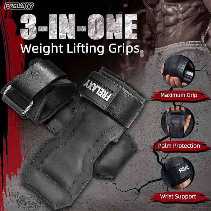 Frelaxy Lifting Wrist Straps, Rubber Weight Lifting Grips with Non-Slip Palm & Wrist Wraps Support for Deadlifts, Pull Ups, Rows, Heavy Powerlifting, Lat Pulldowns