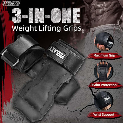 Frelaxy Lifting Wrist Straps, Rubber Weight Lifting Grips with Non-Slip Palm & Wrist Wraps Support for Deadlifts, Pull Ups, Rows, Heavy Powerlifting, Lat Pulldowns