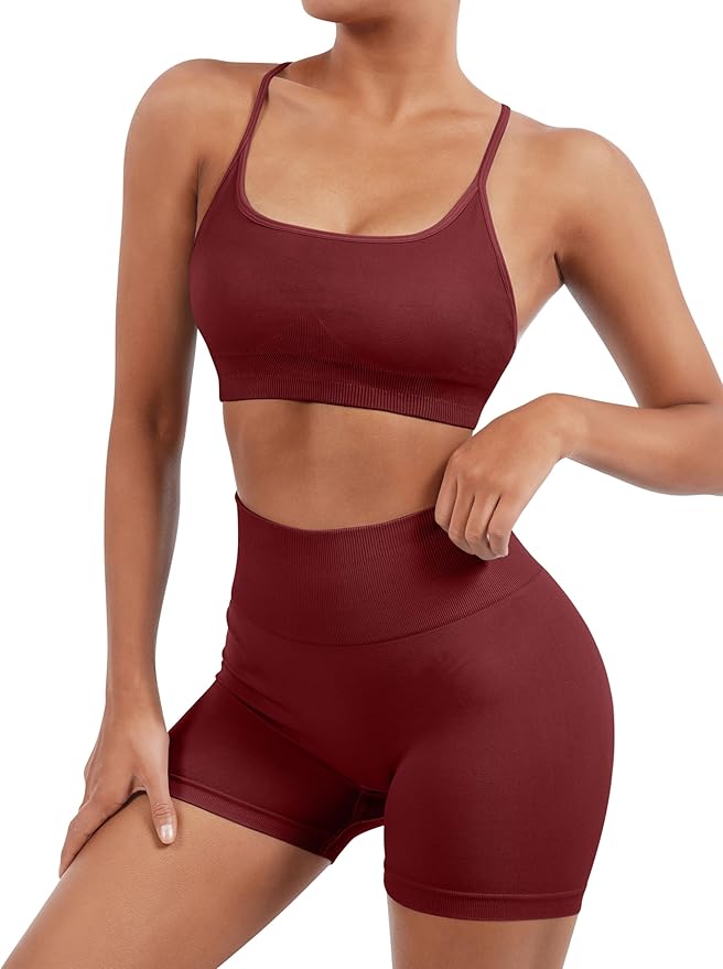 SUUKSESS Women Seamless Workout Sets Strappy Sports Bra High Waist Booty Shorts Outfits