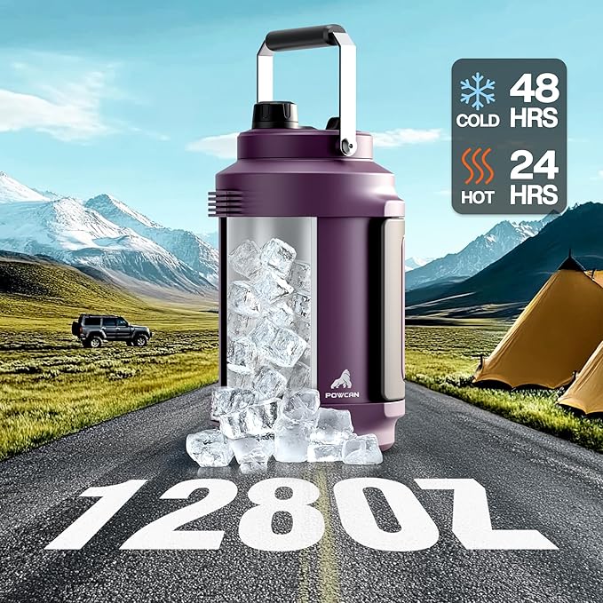 POWCAN 128 oz Insulated Water Bottle: 2-in-1 Straw Spout Lid, Dual Handle, Leakproof, Keep Cold 48H, Gallon Stainless Steel Water Jug for Camping, Travel, Gym, Hydration, Fitness, Daily (Burgundy)