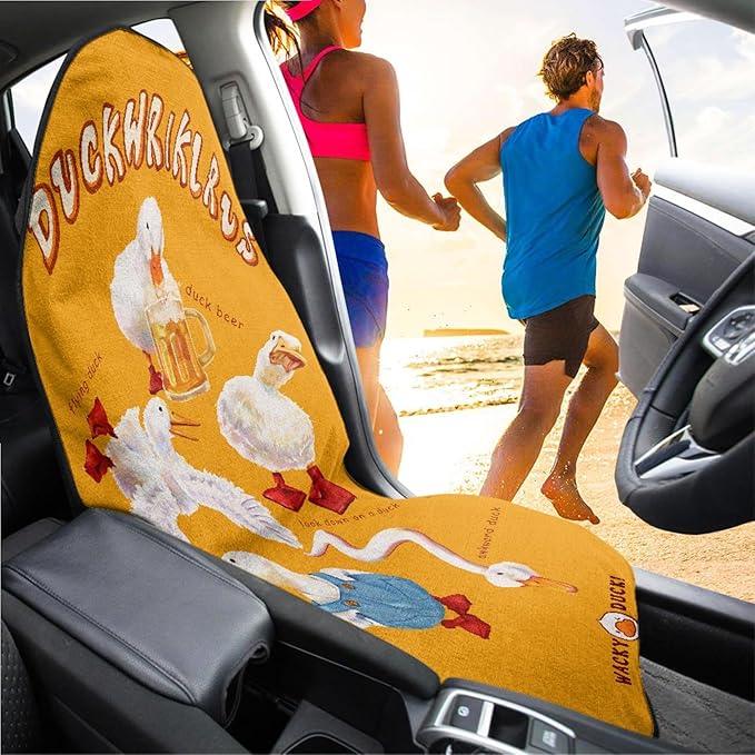 Duck and Beer Pattern Car Seat Cover Front Set (2-Piece) - Hand-Painted Funny Design, Universal Fit for Most Sedans and SUVs, Sweat Absorbent Towel Base Protector, Machine Washable
