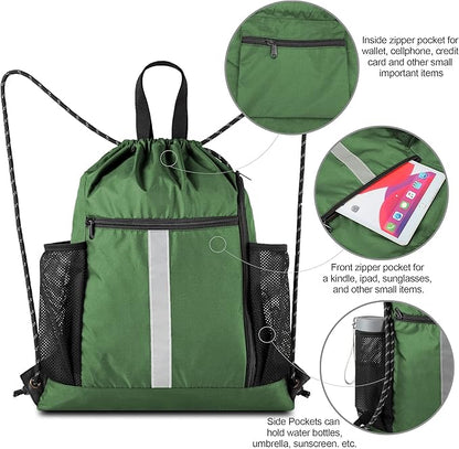 BeeGreen Green Drawstring Bag Gym Cinch Backpack w Shoe Compartment and Two Side Pockets Machine Washable Sports Sinch Sack String Sackpack for Swim Equipment Beach Travel