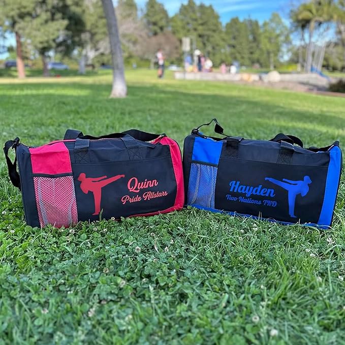 KishKesh Personalized Sport Duffel Bag – Ideal for Martial Arts, Gym, Travel, Training & Workout Essential for Female – Durable, Customizable Name & Text for Kids and Adults – Red, 18" X 10" X 8"