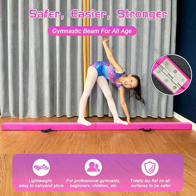 8FT Folding Balance Beam -Gymnastics Floor Beam -Gymnastics Equipment for Kids,Wood core- Anti-Slip Bottom and Carrying Bag for Home