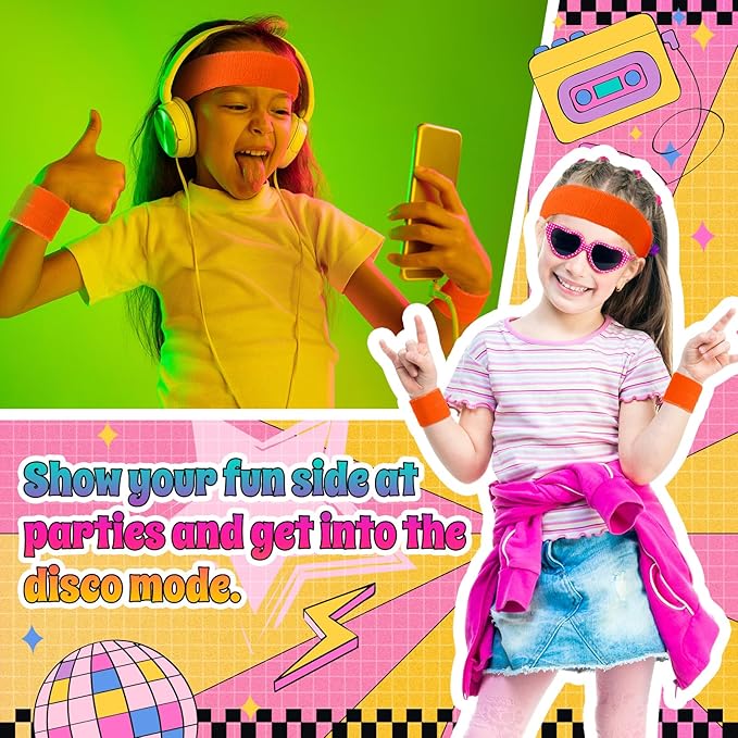 3 Pack Neon Sweatbands Set 80s Wristband and Headband Color War Accessories Sports Sweatbands for Summer Ball Party