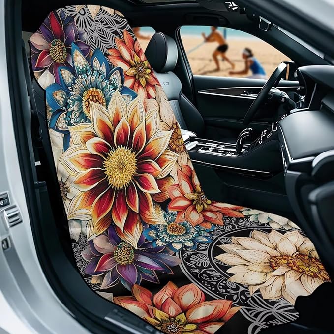 Bulopur Dahlia Floral Car Seat Towel Cover After Gym Workout Running Swimming Boho Automotive Accessories for Girly Non-Slip Sweating Car Seat Cover Removable