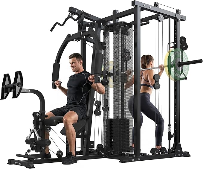 Multi-Functional Home Gym Workout Equipment, All-in-One Smith Machine w/150lbs Weight Stack&Cable Crossover, Leg Press, PEC Fly, LAT, Squat, Heavy Duty Full Body Training for Family, Black