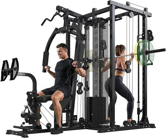 Multi-Functional Home Gym Workout Equipment, All-in-One Smith Machine w/150lbs Weight Stack&Cable Crossover, Leg Press, PEC Fly, LAT, Squat, Heavy Duty Full Body Training for Family, Black