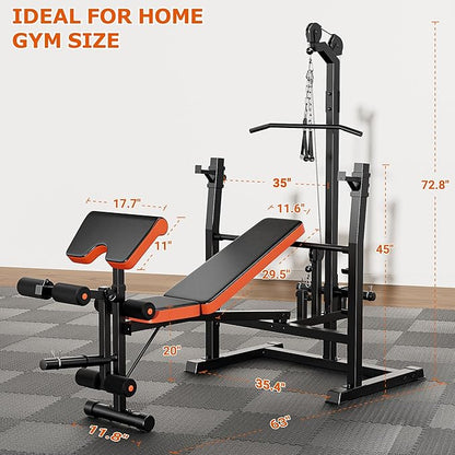 Fostoy 9-in-1 Adjustable Olympic Weight Bench with Lat Pulldown, Row, Squat Rack & Leg Curl – Multi-Function Strength Training Bench Press for Home Gym Full Body Workout