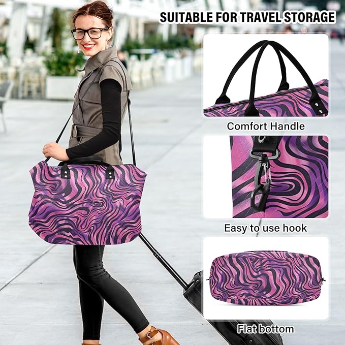 Weekender Bags Travel Duffel Gym Bag Zebra Print Purple Carry on Overnight Tote Bag with Toiletry Bag for Airplane Travel Trip Gym Yoga