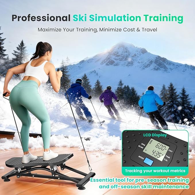 Balance Board with Resistance Bands, 300LBS Portable Ski Balancing Machine Exercise Equipment Featuring LCD Monitor for Cardio, Quiet Home Ski Simulator Trainer for Full Body Workout