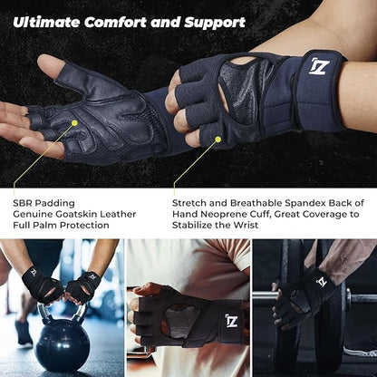 OOZi Fingerless Workout Gloves for Men Women with Wrist Wrap Support for Weight Lifting, Gym, Workout, Exercise, Fitness Training, Durable Genuine Leather Palm Grips