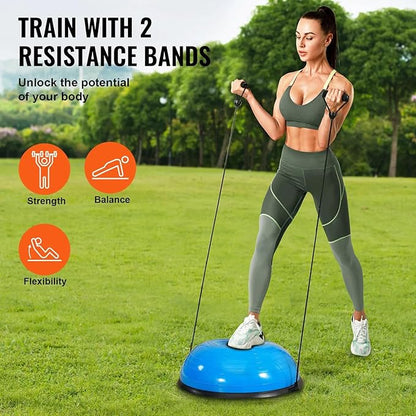 Half Exercise Ball Trainer 23 inch Balance Ball Trainer 1500lbs Capacity Stability Ball with Resistance Bands & Foot Pump, Strength Fitness Ball for Home Gym Full Body Workout