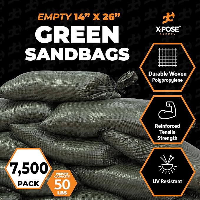 Xpose Safety Heavy Duty Sand Bags with Tie Strings – Empty Woven Polypropylene Sandbags for Hurricane Flood Protection, 50 lb Capacity, 14" x 26", Green, Bulk Half Pallet Pack of 7500