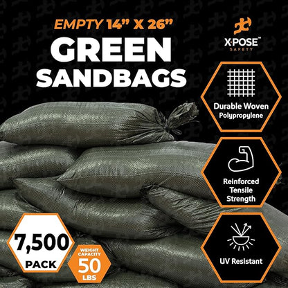 Xpose Safety Heavy Duty Sand Bags with Tie Strings – Empty Woven Polypropylene Sandbags for Hurricane Flood Protection, 50 lb Capacity, 14" x 26", Green, Bulk Half Pallet Pack of 7500