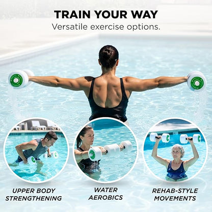 THERABAND Water Weights, Aquatic Dumbbells for Pool Fitness, 2 Foam Weights with Padded Grip for Water Aerobics, Therapy, Workouts, Pool Exercise Equipment, Aqua Training, Green, Medium, Intermediate