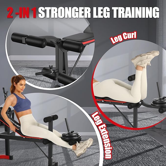 OPPSDECOR Foldable Weight Bench Set with Preacher Curl Pad and Squat Rack, 660LBS Adjustable Bench Press with Leg Extension and Leg Curl, Incline Decline Home Gym Bench for Women Teens Full Body Strength Training